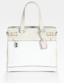 Stash your essentials in this impeccably tailored silhouette of colorblock Nappa leather, accented with sleek buckles and polished hardware.Double top handles, 6¾ drop Outside zip pocket Protective metal feet Two inner compartments One center zip-compartment One inside zip pocket Cotton lining 14W X 12¼H X 5½D Imported Stash your essentials in this impeccably tailored silhouette of colorblock Nappa leather, accented with sleek buckles and polished hardware.Double top handles, 6¾ drop Outside zip pocket Protective metal feet Two inner compartments One center zip-compartment One inside zip pocket Cotton lining 14W X 12¼H X 5½D Imported