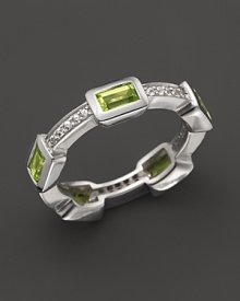 Faceted peridot and white sapphires, set in sterling silver, evoke art deco style. By Elizabeth Showers.