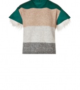 Take a sartorial stance on style in No.21s ultra cool mixed-media top - Round neckline, short cap sleeves with cream faux-fur trim, dropped shoulders, green satin yolk and sleeves, knit body, ribbed hemline, hidden zip closure at nape - Cropped, boxy fit - Wear with the matching skirts and stand-out accessories