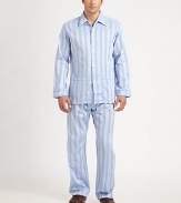Two-piece set woven in supreme cotton with satin striped finish. Cotton. Machine wash. Imported.SHIRTButton frontChest, hip patch pocketsPANTSide elastic waistInseam, about 31