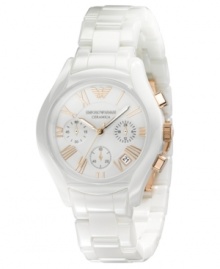 A clean, white interpretation of a classic watch design by Emporio Armani. White ceramic bracelet and round case. White chronograph dial features rose-goldtone Roman numerals, date window, three subdials, luminous hands and logo. Quartz movement. Water resistant to 30 meters. Two-year limited warranty.