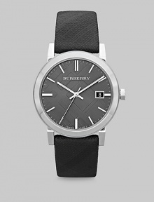 A sleek timepiece in brushed/polished stainless steel with leather check strap.Round bezelSwiss movementSecond handDate displayBlack check hydraulic stamped dialSapphire crystalWater resistant to 5 ATMStainless steel case: 38mm (1.5) Imported