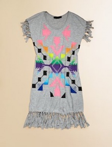 This soft knit style is printed with a vibrant, tribal-inspired patterned and decorated with knotted fringe.Jewel necklineFringe-trimmed cap sleevesFringe-trimmed hemlineScreen-printed detailRayonHand washImported This soft knit style is printed with a vibrant, tribal-inspired patterned and decorated with knotted fringe.Jewel necklineFringe-trimmed cap sleevesFringe-trimmed hemlineScreen-printed detailRayonHand washImported