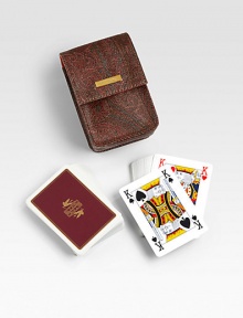 A thoughtful gift, 2 sets of playing cards encased in a rich, signature paisley fabric and finished with a soft leather interior.Leather/cotton/polyester3.15 X 4.72 X 1.98Made in Italy A thoughtful gift, 2 sets of playing cards encased in a rich, signature paisley fabric and finished with a soft leather interior.Leather/cotton/polyester3.15 X 4.72 X 1.98Made in Italy