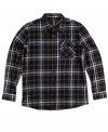 This Metal Mulisha flannel has a classic plaid shirt look in the front, and modern edge in the back.