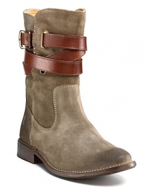 Chicly contrasting leather straps wrap soft suede Frye boots in a cool, classic silhouette.