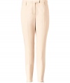 Stylish pant in fine, beige cotton stretch blend - On-trend, modified chino cut with straight legs and chic zipper embellishment at hem - Crease detail at front flatters and elongates the silhouette - Tab waist and belt loops - Slash pockets at sides, welt pockets at rear - Medium low rise - Classically chic and comfortable, ideal for both work and play - Pair with a blouse, blazer and heels, or go for a more casual look with a t-shirt oversize cardigan and ballet flats