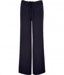 Up the ante on casual chic with Vinces elegant navy beach pants - Soft, ultra-lightweight summer linen - Easy, lower rise drawstring tie waist - Two pockets at hips and two button pockets at rear - Flattering, wide-leg cut bells gently at hem - Pair with t-shirts, tanks and caftans or layer over a bikini