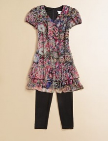 Soft tiers of ruffles, in a painterly floral print.V neckline Puffed sleeves Ruffled placket with button detail Ruffled hem Back zip Back self tie Fully lined 65% polyester/35% nylon Machine wash Imported Soft tiers of ruffles, in a painterly floral print.V neckline Puffed sleeves Ruffled placket with button detail Ruffled hem Back zip Back self tie Fully lined 65% polyester/35% nylon Machine wash Imported