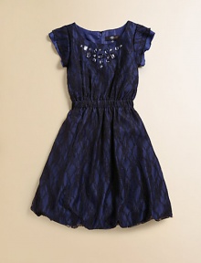 Crafted in a striking bubble silhouette, this enchanting, party-perfect charmeuse frock features stone embellishments and a classy lace overlay.ScoopneckShort sleevesConcealed back zipperSynched elastic waistbandBubble hemFully linedPolyester/nylon/rayon/spandexHand washImported Crafted in a striking bubble silhouette, this enchanting, party-perfect charmeuse frock features stone embellishments and a classy lace overlay.ScoopneckShort sleevesConcealed back zipperSynched elastic waistbandBubble hemFully linedPolyester/nylon/rayon/spandexHand washImported