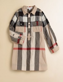 Fun smock styling in her favorite designer check.Pattern varies Spread collar Button placket Button flap chest pockets Side seam pockets Long sleeves with button tab roll cuffs Shirring below back shoulder yoke 97% cotton/2% nylon/1% elastane Machine wash Imported Fun smock styling in her favorite designer check.Pattern varies Spread collar Button placket Button flap chest pockets Side seam pockets Long sleeves with button tab roll cuffs Shirring below back shoulder yoke 97% cotton/2% nylon/1% elastane Machine wash Imported
