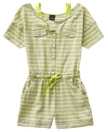 All-around no-fuss fun. This colorful and cute romper from Baby Phat is perfect for when she needs to dress up and hit the road. All-around no-fuss fun. This colorful and cute romper from Baby Phat is perfect for when she needs to dress up and hit the road.