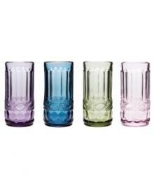 Past meets present. A beautiful scrolling pattern and fluted accents in assorted jewel tones make Modern Vintage Prosperity highball glasses a standout addition to any table. From the Godinger drinkware collection. Past meets present. A beautiful scrolling pattern and fluted accents in assorted jewel tones make Modern Vintage Prosperity highball glasses a standout addition to any table. From the Godinger drinkware collection.