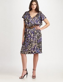 A head-turning animal print, flattering neckline and waist-cinching belt make this one of the most amazing, curve-flattering designs around.V-neckFlutter sleevesRemovable beltSide zipperFully linedAbout 42 from shoulder to hem80% rayon/20% silkDry cleanImported