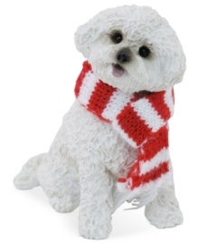 Bark up the right tree with a Christmas ornament for your dog – or a fellow animal lover! A frisky white Bichon Frise waits patiently for treats, dressed in a festively striped scarf. From Sandicast.