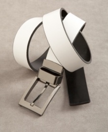 The best of both worlds. This refined leather belt features an twist-able buckle that turns your belt from a sleek black to a stunning brown. The best of both worlds. This refined leather belt features an twist-able buckle that turns your belt from a sleek black to a stunning brown.