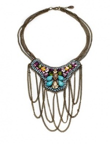 THE LOOKBohemian Chic Collection Bib silhouetteTurquoise and multicolored crystal detailsDraped chain accentsBronze-plated setting Lobster clasp THE MEASUREMENTLength, about 17Drop length, about 5½ORIGINMade in Lebanon