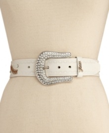Viva GUESS glam! This fabulous metallic leather belt flaunts rhinestone and embossed detail for non-stop fashion. Viva GUESS glam! This fabulous metallic leather belt flaunts rhinestone and embossed detail for non-stop fashion.