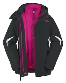This three-in-one North Face® jacket features rugged, waterproof construction with a unique pop of color in the lining and trim. This three-in-one North Face® jacket features rugged, waterproof construction with a unique pop of color in the lining and trim.