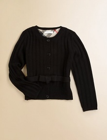 A bow adorned waistband and classic check lining define this button-front knit.CrewneckLong sleevesButton-frontWaist with bow detailMerino WoolDry cleanImported Please note: Number of buttons may vary depending on size ordered. A bow adorned waistband and classic check lining define this button-front knit.CrewneckLong sleevesButton-frontWaist with bow detailMerino WoolDry cleanImported Please note: Number of buttons may vary depending on size ordered.