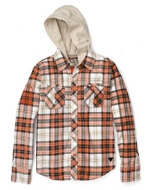 An attached hood gives this plaid shirt from GUESS Kids an added touch of cool. An attached hood gives this plaid shirt from GUESS Kids an added touch of cool.