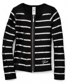 Silver sequin stripes glam up this glittering GUESS Kids cardigan, finished with a silver signature logo. Silver sequin stripes glam up this glittering GUESS Kids cardigan, finished with a silver signature logo.