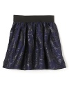 Festive and versatile, this fully lined Aqua skirt boasts a regal blue and black jacquard print with an elasticized waist for instant special occasion glamour.