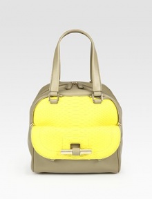 Vibrant python pairs with soft calfskin in a structured top-handle carryall finished with goldtone zipper details.Double top handles, 8 dropOne outside flap and zip pocketProtective metal feetOne inside zip pocketFully lined9½W X 10¼H X 6¼DMade in Italy Vibrant python pairs with soft calfskin in a structured top-handle carryall finished with goldtone zipper details.Double top handles, 8 dropOne outside flap and zip pocketProtective metal feetOne inside zip pocketFully lined9½W X 10¼H X 6¼DMade in Italy