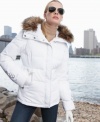 Tailored yet totally comfy, Calvin Klein's streamlined puffer jacket features appealing details like removable faux-fur trim and wide tabs near the cuffs and waist.