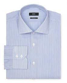 Boasting a handsome, traditional stripe pattern, this regular fit dress shirt pairs well with an assortment of tie styles for a dapper, professional look. Boasting a handsome, traditional stripe pattern, this regular fit dress shirt pairs well with an assortment of tie styles for a dapper, professional look.