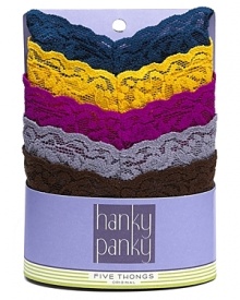 Signature lace in new hues for fall, the Hanky Panky original rise thongs in this five-pack are threaded with ultra-thin elastic fibers for day-to-day comfort and style. Style #4811F. Signature lace in new hues for fall, the Hanky Panky original rise thongs in this five-pack are threaded with ultra-thin elastic fibers for day-to-day comfort and style. Style #4811F.