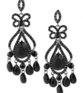 Take it black. This pair of teardrop chandelier earrings from Haskell is crafted from hematite-tone mixed metal with black glass crystal accents and beads creating a look that's both dark and daring. Approximate drop: 3-1/2 inches.