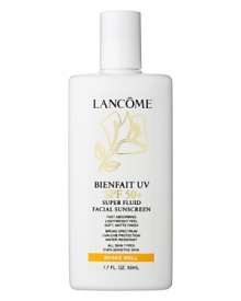 Introducing Bienfait UV SPF 50+ Super Fluid Facial Sunscreen For All Skin TypesPerfect UV shield to wear every day over your Lancôme moisturizer, under makeup or alone for fun in the sun. Lightweight, oil-free, non-comedogenic sunscreen offers broad spectrum, SPF 50+, UVA/UVB protection. High SPF gives skin more protection from UVB rays that cause sunburn and UVA rays that contribute to skin damage and premature skin aging.Retains SPF after 40 minutes of activity in the water or perspiring. Glides on smoothly; leaves skin with a soft matte finish.Safe for all skin types, including sensitive skin. Introducing Bienfait UV SPF 50+ Super Fluid Facial Sunscreen For All Skin TypesPerfect UV shield to wear every day over your Lancôme moisturizer, under makeup or alone for fun in the sun. Lightweight, oil-free, non-comedogenic sunscreen offers broad spectrum, SPF 50+, UVA/UVB protection. High SPF gives skin more protection from UVB rays that cause sunburn and UVA rays that contribute to skin damage and premature skin aging.Retains SPF after 40 minutes of activity in the water or perspiring. Glides on smoothly; leaves skin with a soft matte finish.Safe for all skin types, including sensitive skin.