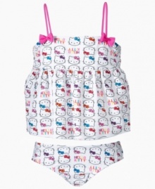 Make a splash! Get her ready to show off her sunny style with this adorable empire-waist tankini from Hello Kitty. Make a splash! Get her ready to show off her sunny style with this adorable empire-waist tankini from Hello Kitty.