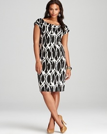 A optic print emboldened by modern black and white lends urban edge to a Melissa Masse Plus sheath dress. Roughen up the sleek silhouette with a structured leather jacket for a real modern statement. A optic print emboldened by modern black and white lends urban edge to a Melissa Masse Plus sheath dress. Roughen up the sleek silhouette with a structured leather jacket for a real modern statement.