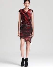 An elegant cowl neckline meets an edgy asymmetric hem on this statement Helmut Lang dress, boasting a dynamic abstract print, for downtown cool. An elegant cowl neckline meets an edgy asymmetric hem on this statement Helmut Lang dress, boasting a dynamic abstract print, for downtown cool.