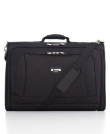 Your wardrobe gets carried away! Upgrade the way you travel with this convenient, compact-sized garment bag, which houses a fully-lined interior with a universal buckle to hold several hangers and keep your clothes wrinkle-free. A large locking front pocket, removable extender panel for longer garments and adjustable padded carry handle make this bag a first-class companion. Your wardrobe gets carried away! Upgrade the way you travel with this convenient, compact-sized garment bag, which houses a fully-lined interior with a universal buckle to hold several hangers and keep your clothes wrinkle-free. A large locking front pocket, removable extender panel for longer garments and adjustable padded carry handle make this bag a first-class companion.