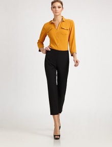 This silky, shirt-tailored style features two front pockets and contrasting trim at the cuffs and inner collar.Modified shirt collar with contrast lining trimButton-down flap patch pocketsButton front placketThree-quarter sleeves with button cuffs and contrast trimAbout 26 from shoulder to hem79% acetate/21% silkDry cleanMade in Italy of imported fabricModel shown is 5'11 (180cm) wearing US size 4. 