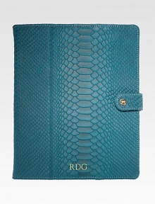Designed to fold horizontally or vertically to hold your device at the ideal angle for viewing video or typing. This case holds your iPad securely with four leather wrapped corner straps and a snap closure.Accommodates all iPad models8 X 10Embossed pythonMade in USAPlease note: iPad not includedFOR PERSONALIZATIONSelect a color and quantity, then scroll down and click on PERSONALIZE & ADD TO BAG to choose and preview your monogramming options. Designed to fold horizontally or vertically to hold your device at the ideal angle for viewing video or typing. This case holds your iPad securely with four leather wrapped corner straps and a snap closure.Accommodates all iPad models8 X 10Embossed pythonMade in USAPlease note: iPad not includedFOR PERSONALIZATIONSelect a color and quantity, then scroll down and click on PERSONALIZE & ADD TO BAG to choose and preview your monogramming options.