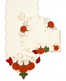 Get festive for fall with the Pumpkin Patch tablecloth from Homewear. Embroidered vines, open cutwork and applique squash and leaves with a soft suede or satiny finish accent durable ivory linens for seasonal entertaining. (Clearance) Get festive for fall with the Pumpkin Patch tablecloth from Homewear. Embroidered vines, open cutwork and applique squash and leaves with a soft suede or satiny finish accent durable ivory linens for seasonal entertaining. (Clearance)