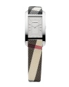 Ladies small silvertone rectangular dial watch on the nova check curved strap. Stainless steel backing. Sunray silver dial with 12 applied silver indices and twill effect inside frame. Nova check strap with deployant buckle.