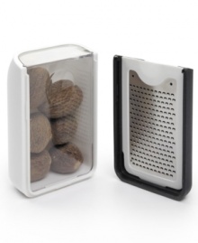 The (grate)st way to freshen up meals! Draw out the rich flavors of your meals by adding nutmeg, ginger, cinnamon and beyond with this easy-to-use grater, which features etched extra-sharp blades, a container sleeve to store your gratings and an additional compartment to hold your whole spices. Lifetime warranty. The (grate)st way to freshen up meals! Draw out the rich flavors of your meals by adding nutmeg, ginger, cinnamon and beyond with this easy-to-use grater, which features etched extra-sharp blades, a container sleeve to store your gratings and an additional compartment to hold your whole spices. Lifetime warranty.