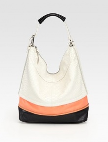 Slouchy silhouette of python-embossed leather with bold colorblock and zipper accents.Shoulder strap, 6 dropTop zip closureOne inside zip pocketTwo inside open pocketsCotton lining16W X 14H X 6DImported Slouchy silhouette of python-embossed leather with bold colorblock and zipper accents.Shoulder strap, 6 dropTop zip closureOne inside zip pocketTwo inside open pocketsCotton lining16W X 14H X 6DImported