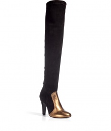 Luxurious boots made of fine, black stretch suede and gold leather - Trendy color block look - Sexy, elegant and stylish, you will wear these boots forever - A modern basic, with a high but comfortable heel - Rounded toe - Cut extremely high, the shaft ends above the knee - Brilliant styling: with tucked in jeans, a pencil skirt, a leather dress