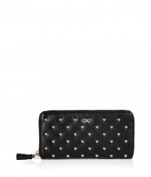 Inject whimsical luxe to your everyday style with this heart stud embellished leather wallet from cult-favorite Anya Hindmarch - Classic rectangular shape, top zip closure with tassel, front logo detail, allover heart stud embellishment, inside card slots and billfold - Perfect for everyday use or as a thoughtful gift Inject whimsical luxe to your everyday style with this heart stud embellished leather wallet from cult-favorite Anya Hindmarch - Classic rectangular shape, top zip closure with tassel, front logo detail, allover heart stud embellishment, inside card slots and billfold - Perfect for everyday use or as a thoughtful gift