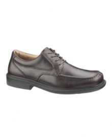 A real workhorse of an oxford, this sturdy pair of leather men's dress shoes is treated to be completely waterproof and to resist separation between the outsole upper sections. Features a strike-back and a high density energy-return gel pad precisely placed at the heel point of impact. Imported.