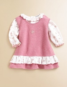 A sweater-soft knit jumper tops a charming floral print jersey body suit in an ensemble for any special occasion.Flared jumper has round neckline with snaps at one shoulder and print and solid ruffles at the hem Long-sleeve bodysuit has ruffled collar and cuffs, back and bottom snaps Cotton Machine wash Imported Please note: Number of snaps may vary depending on size ordered. A sweater-soft knit jumper tops a charming floral print jersey body suit in an ensemble for any special occasion.Flared jumper has round neckline with snaps at one shoulder and print and solid ruffles at the hem Long-sleeve bodysuit has ruffled collar and cuffs, back and bottom snaps Cotton Machine wash Imported Please note: Number of snaps may vary depending on size ordered.