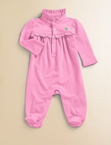 The iconic polo shirt inspired this comfortable cotton coverall, updated with ruffles at the collar for a feminine twist.Ruffled stand collarLong puffed sleeves with scalloped cuffsFront buttonsBottom snaps for easy on and offPleated yokeEmbroidered pony logoCottonMachine washImported Please note: Number of buttons/snaps may vary depending on size ordered. The iconic polo shirt inspired this comfortable cotton coverall, updated with ruffles at the collar for a feminine twist.Ruffled stand collarLong puffed sleeves with scalloped cuffsFront buttonsBottom snaps for easy on and offPleated yokeEmbroidered pony logoCottonMachine washImported Please note: Number of buttons/snaps may vary depending on size ordered.