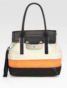 Ultra-chic colorblock leather crafted in a structured flap-top silhouette with zipper details and a tassel at the side.Double top handles, 8 dropTurnlock flap closureProtective metal feetCenter zip compartmentOne inside zip pocketTwo inside open pocketsCotton lining15W X 12H X 7DImported Ultra-chic colorblock leather crafted in a structured flap-top silhouette with zipper details and a tassel at the side.Double top handles, 8 dropTurnlock flap closureProtective metal feetCenter zip compartmentOne inside zip pocketTwo inside open pocketsCotton lining15W X 12H X 7DImported