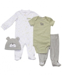 Bear hugs are the best. Everyone will want to get their hands on your little guy when he's in this 4-piece coverall, bodysuit, pant and hat set from Carter's. Bear hugs are the best. Everyone will want to get their hands on your little guy when he's in this 4-piece coverall, bodysuit, pant and hat set from Carter's.